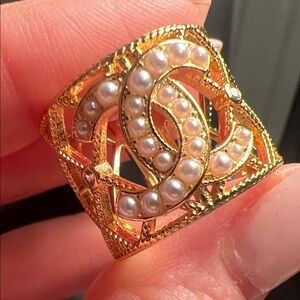 Gold-Tone Pearl Accent Square Statement Ring